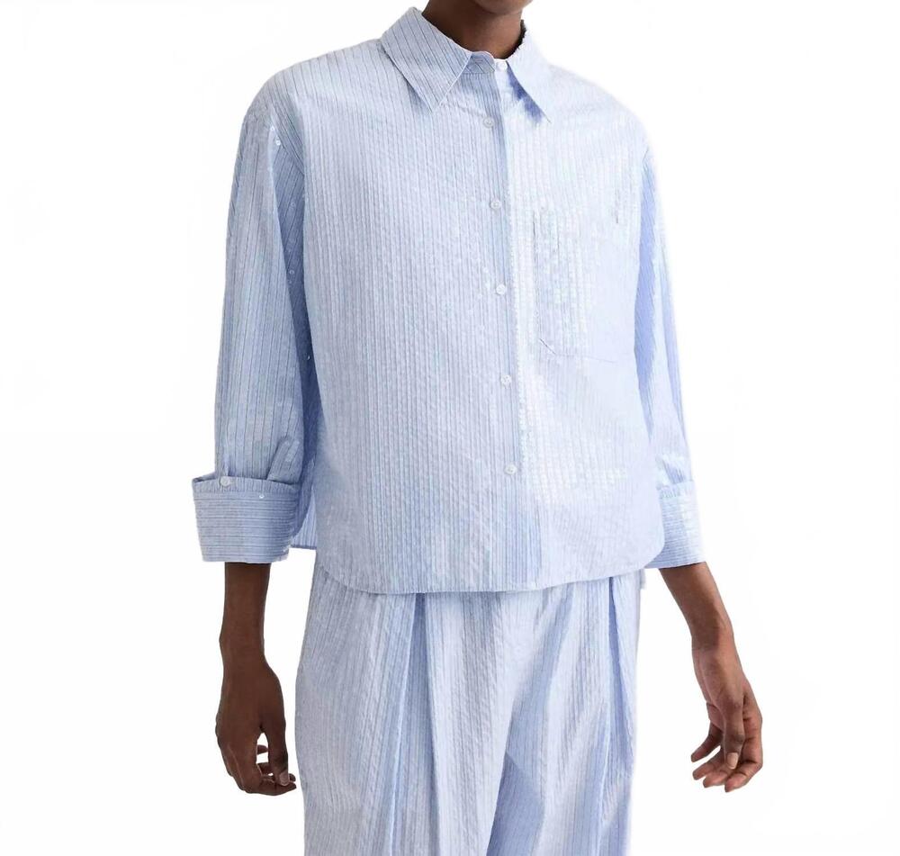 NEW TWP j.d. cropped long-sleeve button-up shirt in blue/midnight sequin